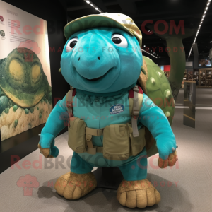 Turquoise Glyptodon mascot costume character dressed with a Cargo Shorts and Backpacks