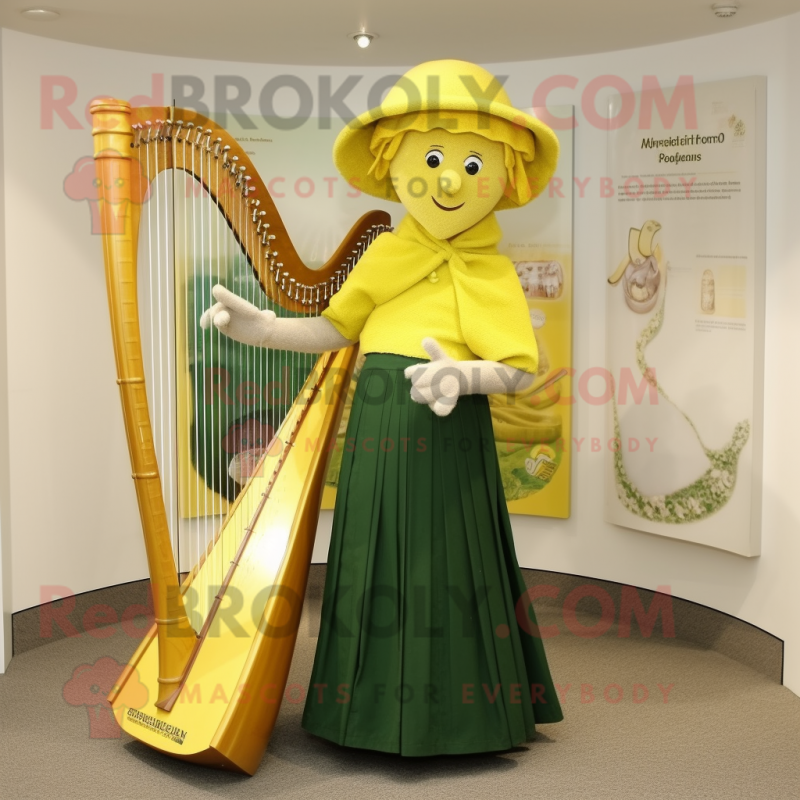 Yellow Celtic Harp mascot costume character dressed with a A-Line Dress and Hat pins Yellow Celtic Harp mascot costume character dressed with a A-Line Dress and Hat pins