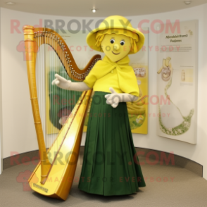 Yellow Celtic Harp mascot costume character dressed with a A-Line Dress and Hat pins