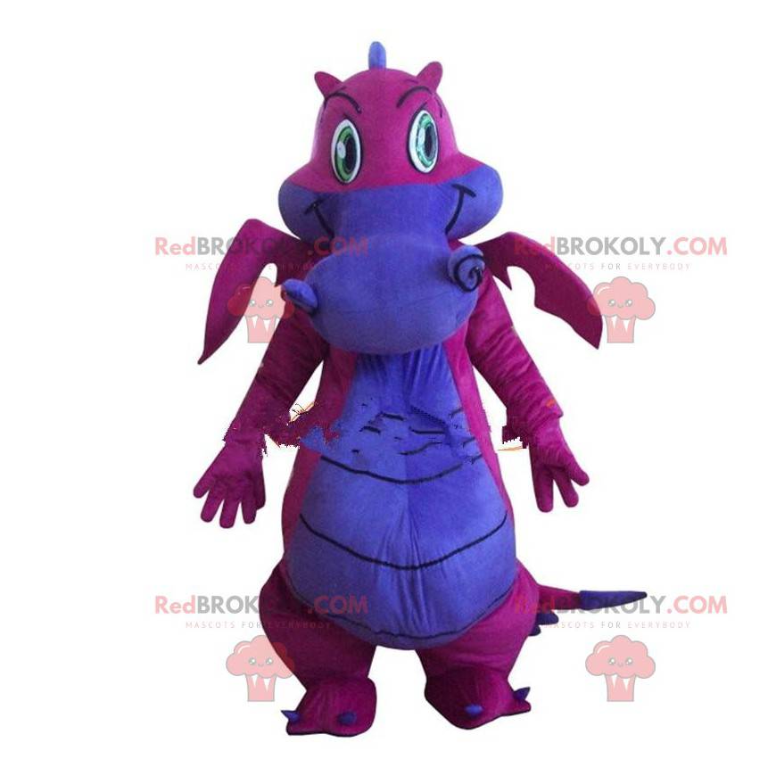 Mascota de dragón rosa y morado, disfraz de dinosaurio -