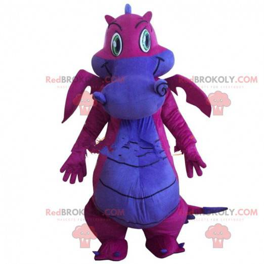 Mascote dragão rosa e roxo, fantasia de dinossauro -