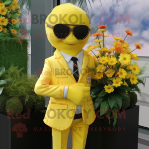 Yellow Bouquet Of Flowers mascot costume character dressed with a Waistcoat and Sunglasses