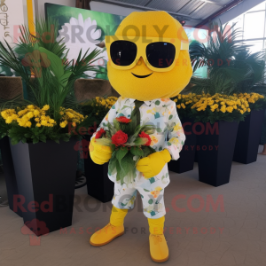 Yellow Bouquet Of Flowers mascot costume character dressed with a Waistcoat and Sunglasses