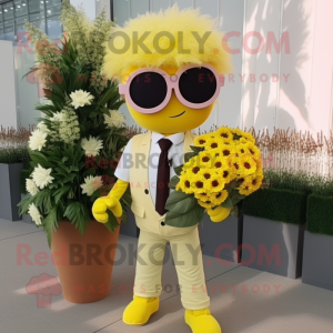 Yellow Bouquet Of Flowers mascot costume character dressed with a Waistcoat and Sunglasses