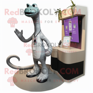 Silver Brachiosaurus mascot costume character dressed with a Cardigan and Shoe laces