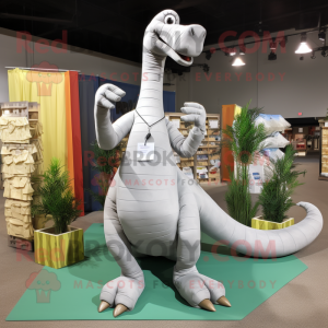 Silver Brachiosaurus mascot costume character dressed with a Cardigan and Shoe laces