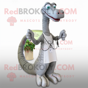 Silver Brachiosaurus mascot costume character dressed with a Cardigan and Shoe laces