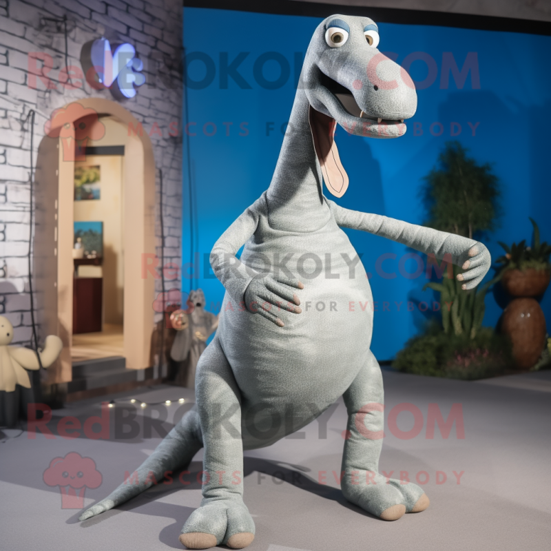 Silver Brachiosaurus mascot costume character dressed with a Cardigan and Shoe laces