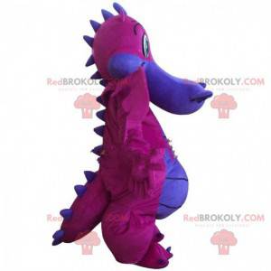 Mascote dragão rosa e roxo, fantasia de dinossauro -