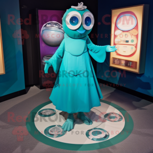 Teal Plate Spinner mascot costume character dressed with a Wrap Dress and Brooches