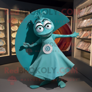 Teal Plate Spinner mascot costume character dressed with a Wrap Dress and Brooches