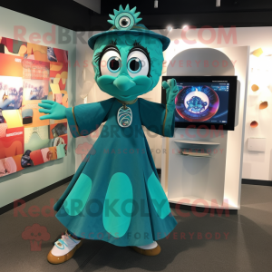 Teal Plate Spinner mascot costume character dressed with a Wrap Dress and Brooches