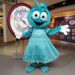 Teal Plate Spinner mascot costume character dressed with a Wrap Dress and Brooches