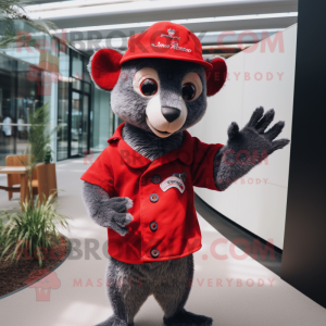 Red Aye-Aye mascot costume character dressed with a Henley Shirt and Berets