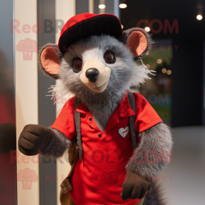 Red Aye-Aye mascot costume character dressed with a Henley Shirt and Berets