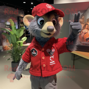 Red Aye-Aye mascot costume character dressed with a Henley Shirt and Berets