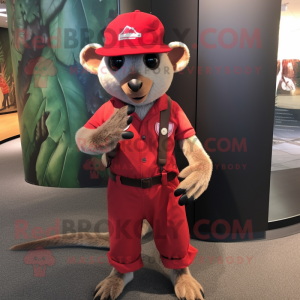 Red Aye-Aye mascot costume character dressed with a Henley Shirt and Berets