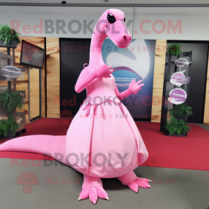 Pink Diplodocus mascot costume character dressed with a Maxi Dress and Shoe clips