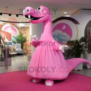 Pink Diplodocus mascot costume character dressed with a Maxi Dress and Shoe clips