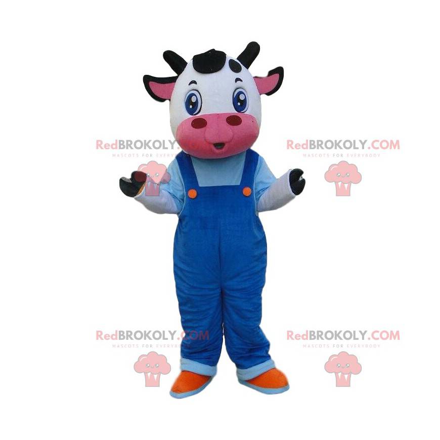 Mascotte de vache blanche et noire avec une salopette - Mascotte de vache blanche et noire avec une salopette -