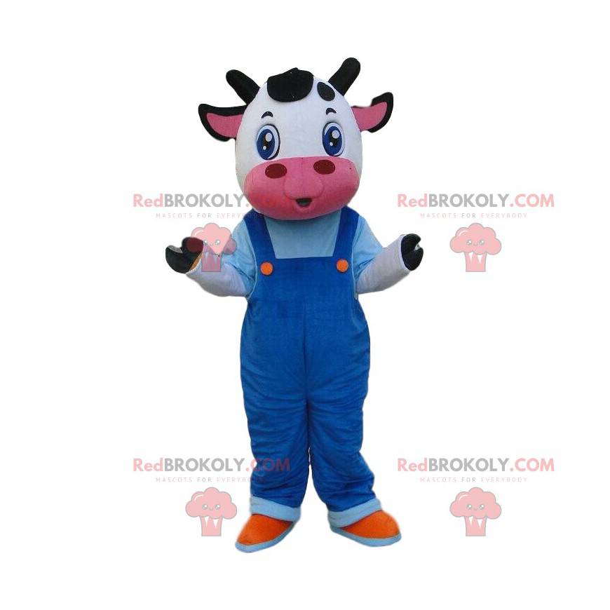 Maskottchen weiße und schwarze Kuh mit Overalls - Redbrokoly.com