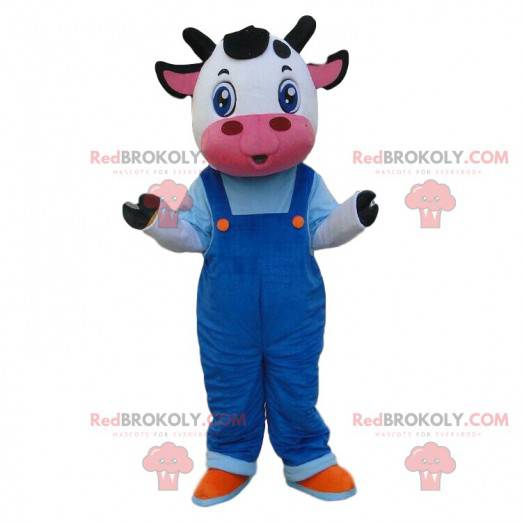 Witte en zwarte koe mascotte met overall - Redbrokoly.com