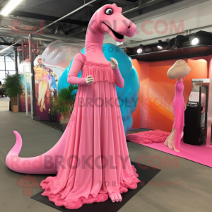 Pink Diplodocus mascot costume character dressed with a Maxi Dress and Shoe clips