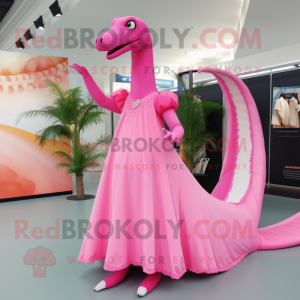 Pink Diplodocus mascot costume character dressed with a Maxi Dress and Shoe clips