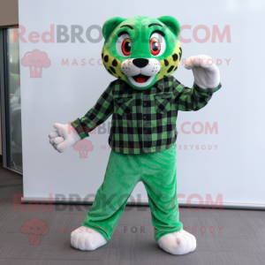 Green Cheetah mascot costume character dressed with a Flannel Shirt and Shoe clips