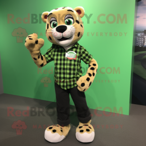 Green Cheetah mascot costume character dressed with a Flannel Shirt and Shoe clips