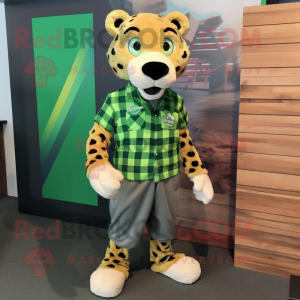 Green Cheetah mascot costume character dressed with a Flannel Shirt and Shoe clips