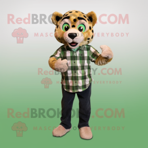 Green Cheetah mascot costume character dressed with a Flannel Shirt and Shoe clips