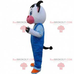 Witte en zwarte koe mascotte met overall - Redbrokoly.com