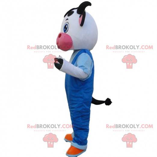 Maskot vit och svart ko med overaller - Redbrokoly.com