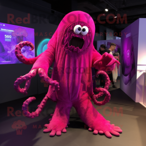 Magenta Kraken mascot costume character dressed with a Jumpsuit and Shawls