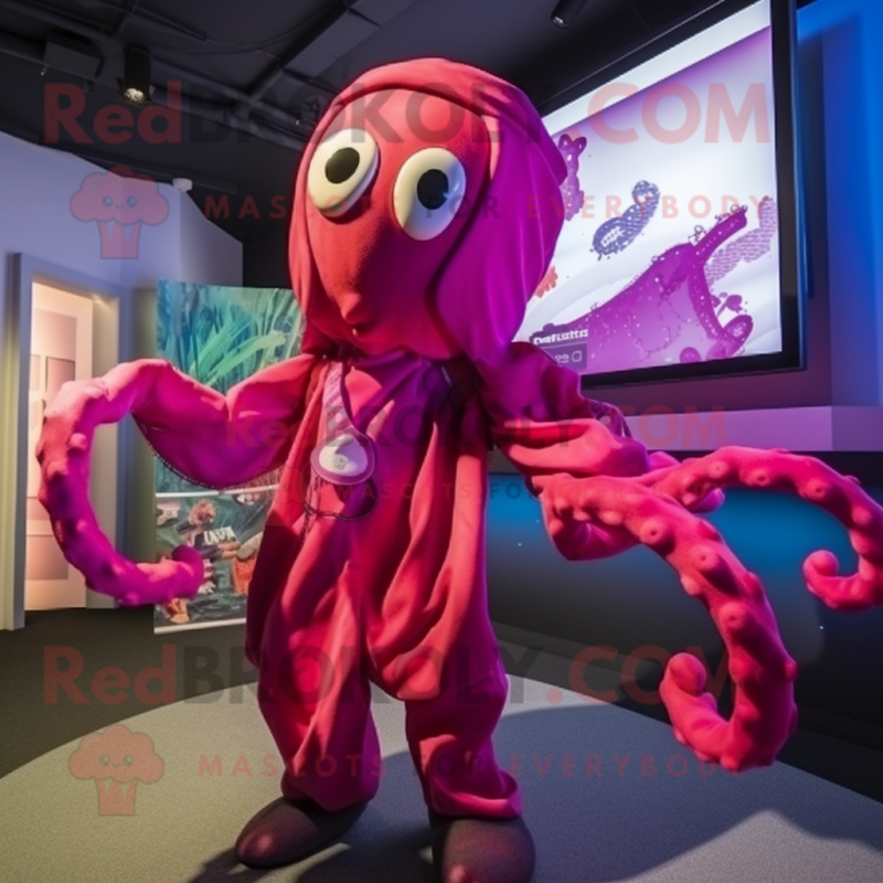 Magenta Kraken mascot costume character dressed with a Jumpsuit and Shawls Magenta Kraken mascot costume character dressed with a Jumpsuit and Shawls