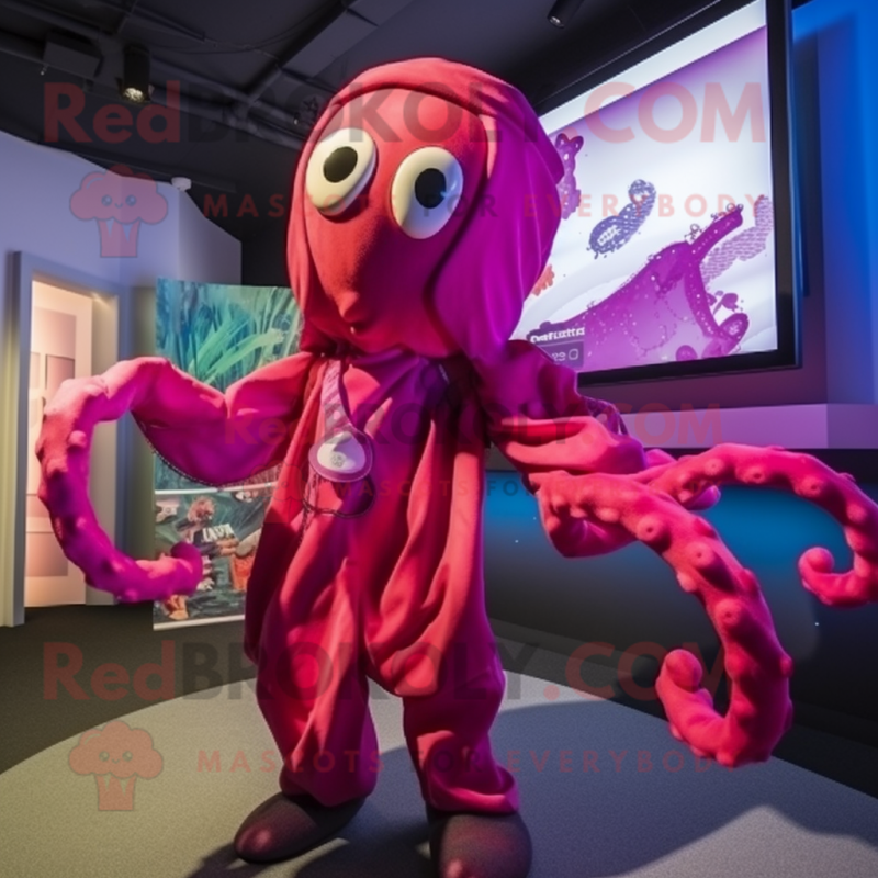 Magenta Kraken mascot costume character dressed with a Jumpsuit and Shawls