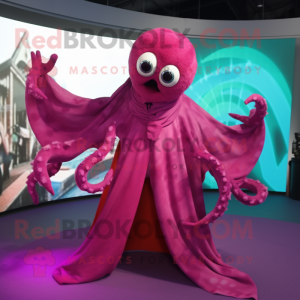 Magenta Kraken mascot costume character dressed with a Jumpsuit and Shawls