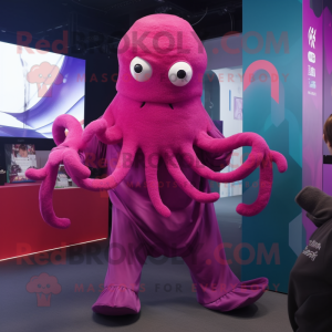 Magenta Kraken mascot costume character dressed with a Jumpsuit and Shawls