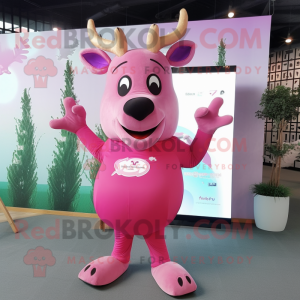 Pink Elk mascot costume character dressed with a Long Sleeve Tee and Keychains