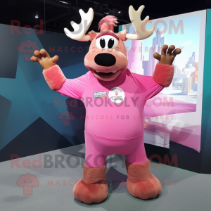 Pink Elk mascot costume character dressed with a Long Sleeve Tee and Keychains
