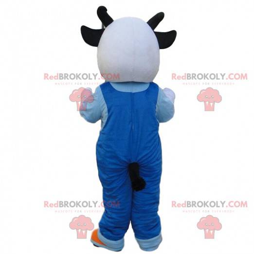 Maskottchen weiße und schwarze Kuh mit Overalls - Redbrokoly.com