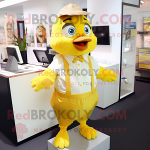 Gold Canary mascot costume character dressed with a Poplin Shirt and Suspenders