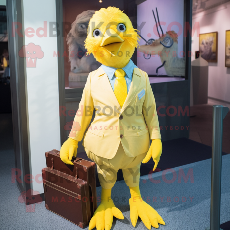 Gold Canary mascot costume character dressed with a Poplin Shirt and Suspenders Gold Canary mascot costume character dressed with a Poplin Shirt and Suspenders