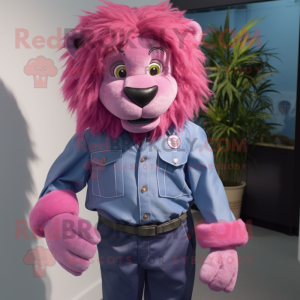 Magenta Tamer Lion mascot costume character dressed with a Chambray Shirt and Brooches