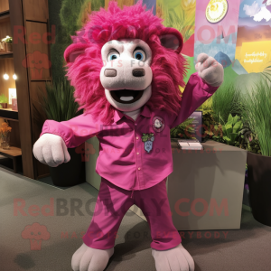 Magenta Tamer Lion mascot costume character dressed with a Chambray Shirt and Brooches