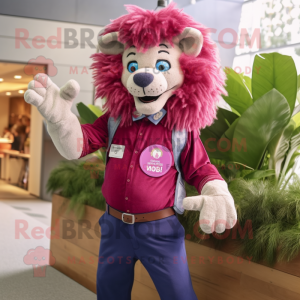 Magenta Tamer Lion mascot costume character dressed with a Chambray Shirt and Brooches