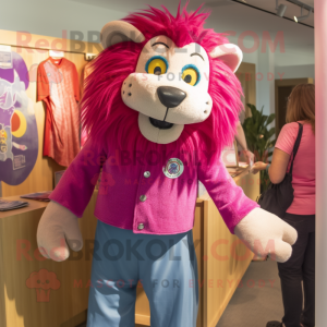Magenta Tamer Lion mascot costume character dressed with a Chambray Shirt and Brooches