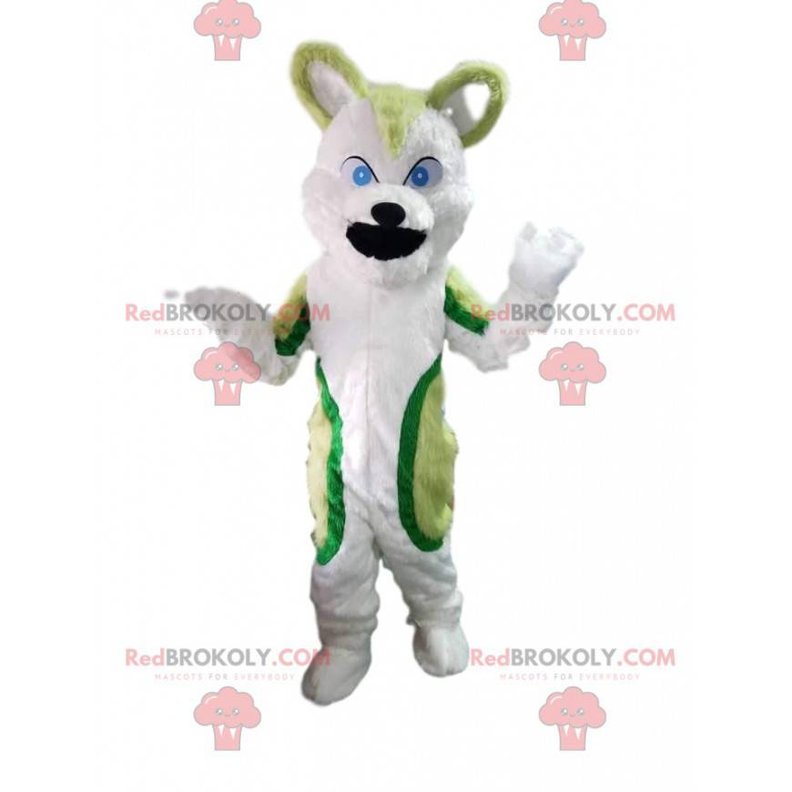 Mascotte de chien husky vert et blanc, costume de chien-loup -