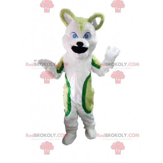 Green and white husky dog mascot, wolf dog costume -